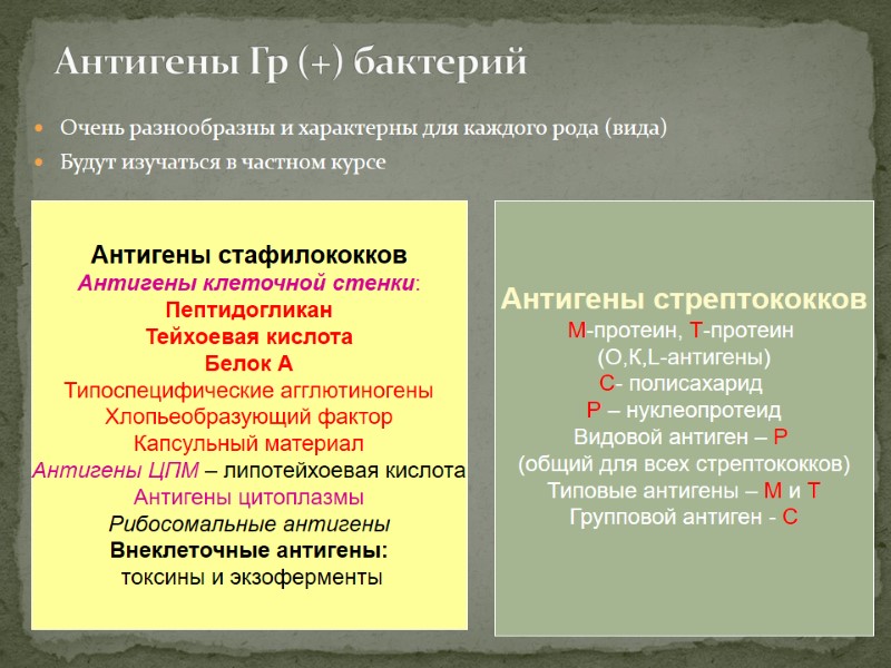 Очень разнообразны и характерны для каждого рода (вида) Будут изучаться в частном курсе Антигены